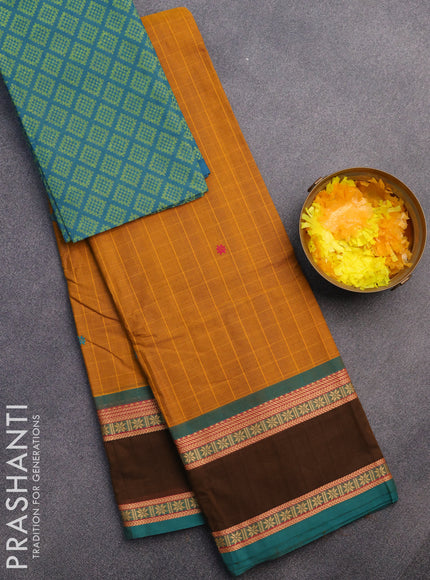 Chettinad cotton saree mustard yellow and green with thread woven buttas and rettapet thread woven border & woven blouse