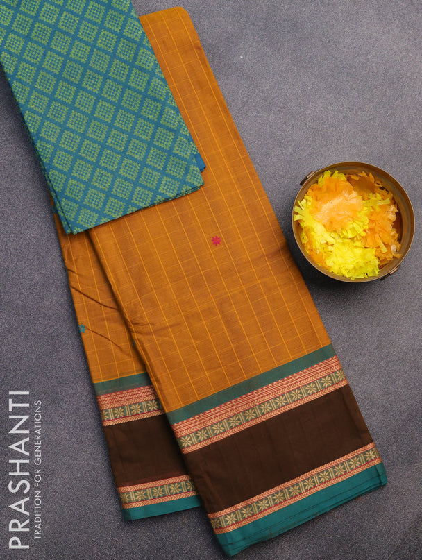 Chettinad cotton saree mustard yellow and green with thread woven buttas and rettapet thread woven border & woven blouse