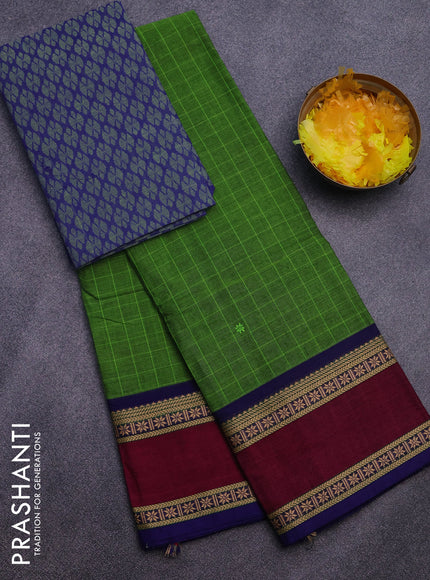 Chettinad cotton saree mehendi green and blue with allover checks & thread buttas and rettapet thread woven border & woven blouse