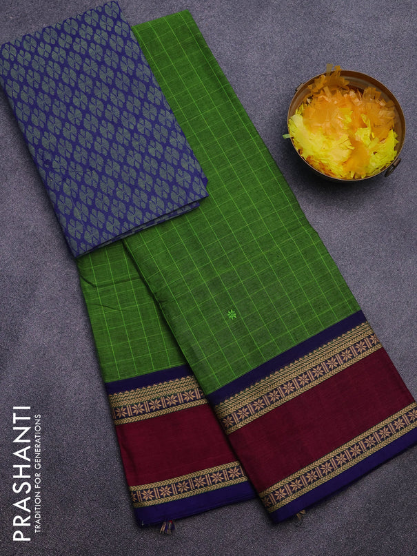 Chettinad cotton saree mehendi green and blue with allover checks & thread buttas and rettapet thread woven border & woven blouse