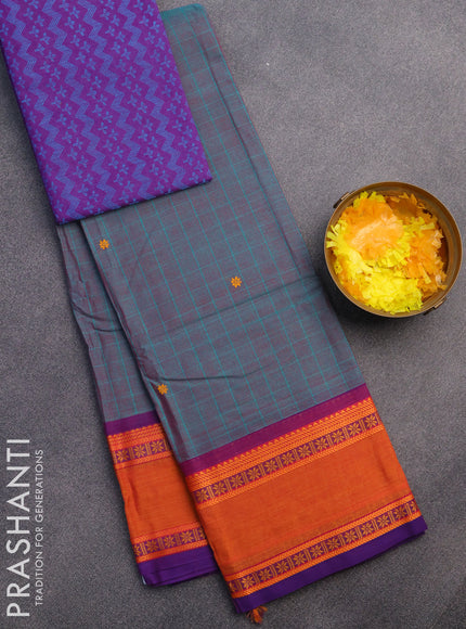 Chettinad cotton saree dual shade of teal green and violet with thread woven buttas and rettapet thread woven border & woven blouse