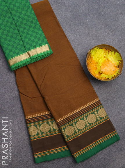 Chettinad cotton saree mustard shade and green with plain body and thread woven border & woven blouse