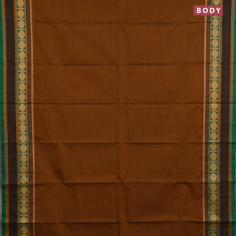 Chettinad cotton saree mustard shade and green with plain body and thread woven border & woven blouse