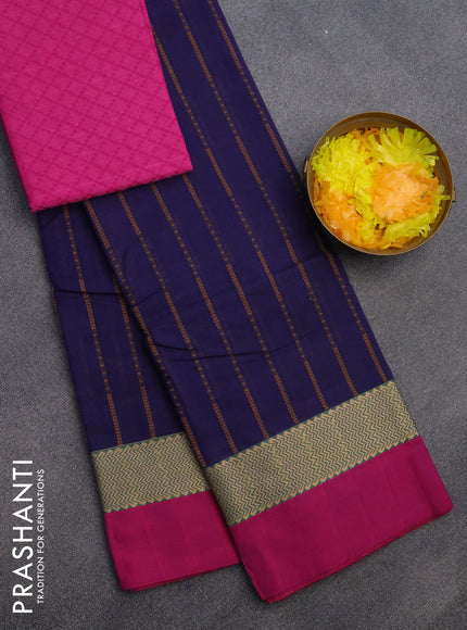 Chettinad cotton saree blue and magenta pink with allover thread weaves and zari woven simple border & woven blouse