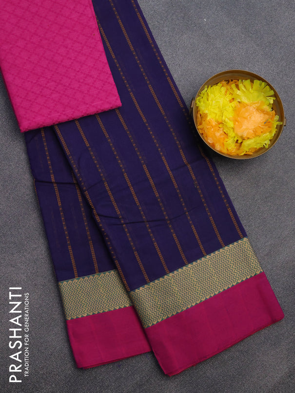 Chettinad cotton saree blue and magenta pink with allover thread weaves and zari woven simple border & woven blouse