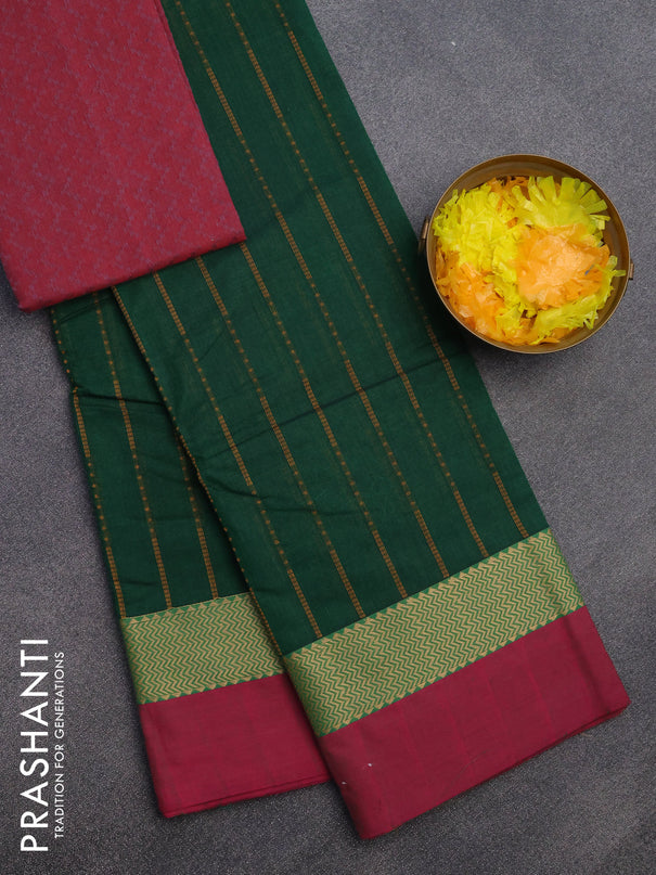 Chettinad cotton saree green and pink with allover thread weaves and zari woven simple border & woven blouse