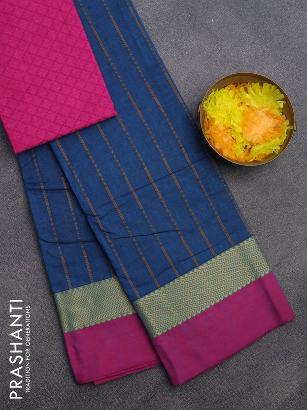 Chettinad cotton saree peacock blue and magenta pink with allover thread weaves and zari woven simple border & woven blouse