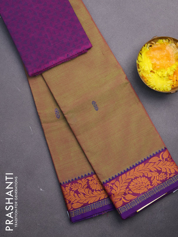 Chettinad cotton saree dual shade of green and purple with thread woven buttas and thread woven border & woven blouse