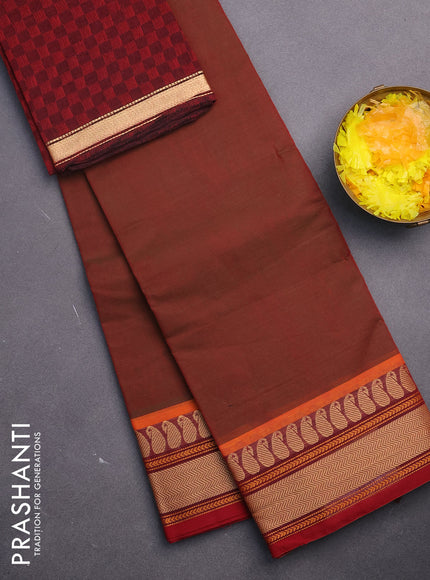 Chettinad cotton saree dual shade of maroon shade with plain body and thread woven border & woven blouse