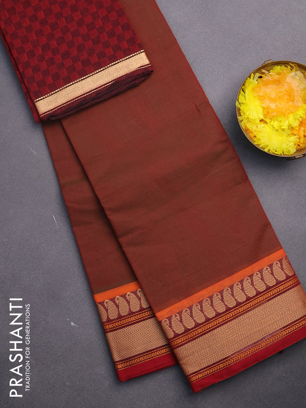 Chettinad cotton saree dual shade of maroon shade with plain body and thread woven border & woven blouse