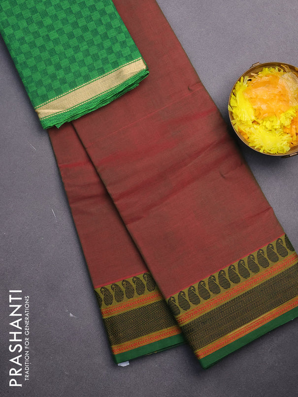 Chettinad cotton saree dual shade of red and green with plain body and thread woven border & woven blouse