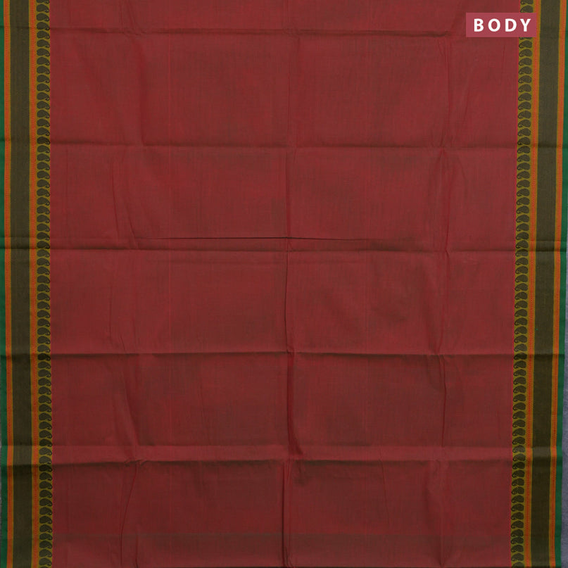 Chettinad cotton saree dual shade of red and green with plain body and thread woven border & woven blouse