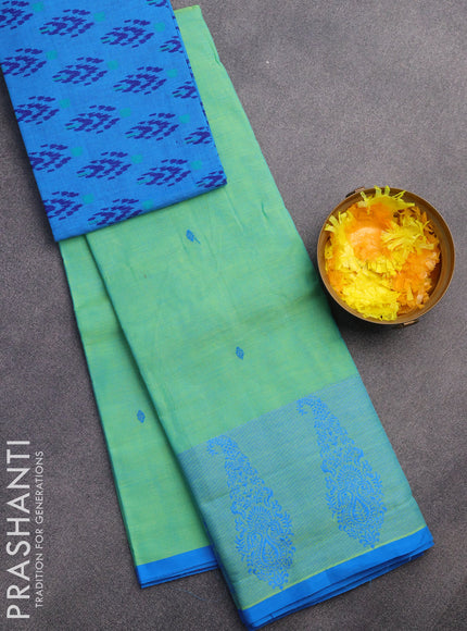 Chettinad cotton saree dual shade of light green and cs blue with plain body and thread woven border & woven blouse