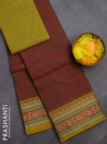 Chettinad cotton saree dual shade of maroon and yellow with plain body and thread woven border & woven blouse