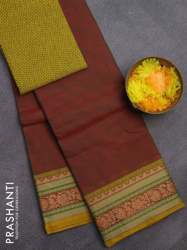 Chettinad cotton saree dual shade of maroon and yellow with plain body and thread woven border & woven blouse