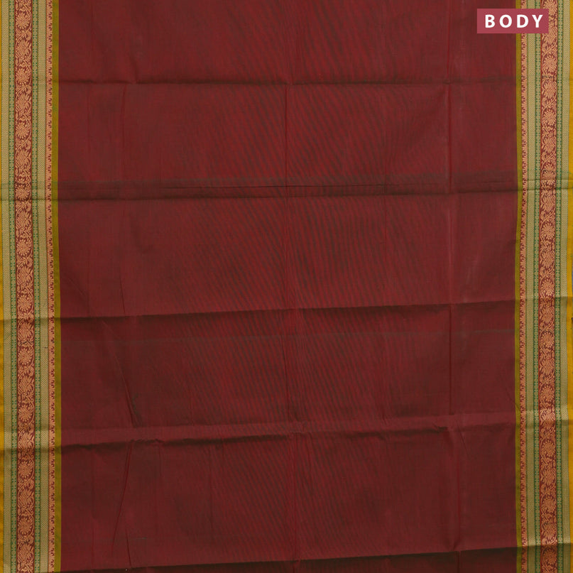 Chettinad cotton saree dual shade of maroon and yellow with plain body and thread woven border & woven blouse