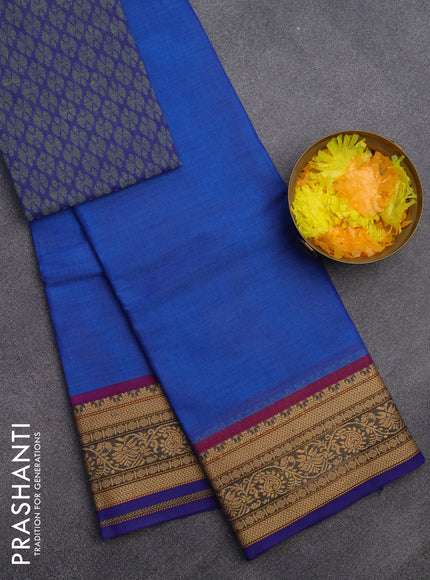 Chettinad cotton saree cs blue and blue with plain body and thread woven border & woven blouse