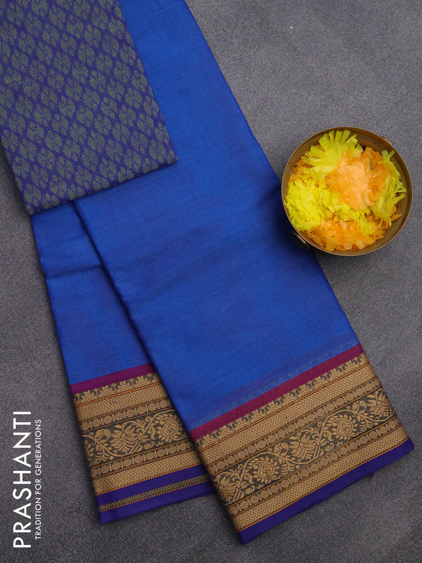 Chettinad cotton saree cs blue and blue with plain body and thread woven border & woven blouse