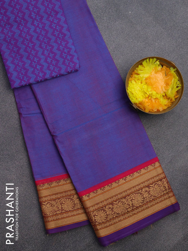 Chettinad cotton saree dual shade of blue with plain body and thread woven border & woven blouse