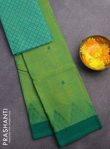 Chettinad cotton saree light green and green with thread woven buttas and thread woven border & woven blouse