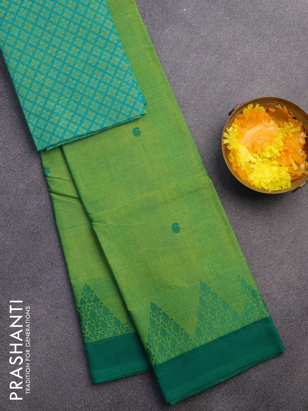 Chettinad cotton saree light green and green with thread woven buttas and thread woven border & woven blouse