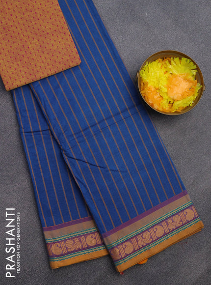 Chettinad cotton saree cs blue and mustard yellow with allover stripes pattern and thread woven border & woven blouse