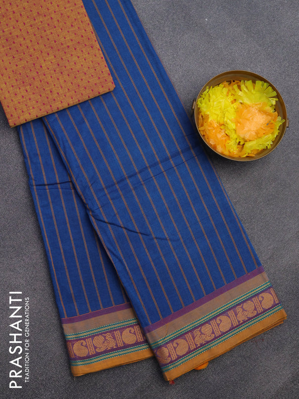 Chettinad cotton saree cs blue and mustard yellow with allover stripes pattern and thread woven border & woven blouse