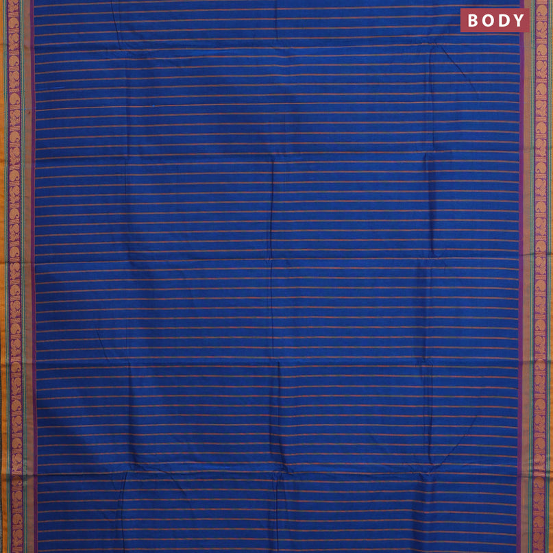 Chettinad cotton saree cs blue and mustard yellow with allover stripes pattern and thread woven border & woven blouse