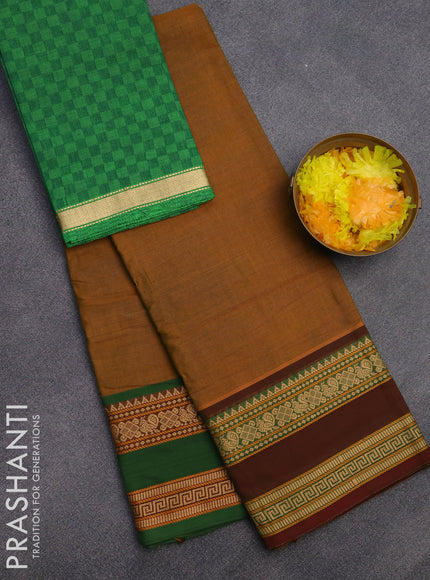 Chettinad cotton saree mustard shade and green with plain body and thread woven border & woven blouse