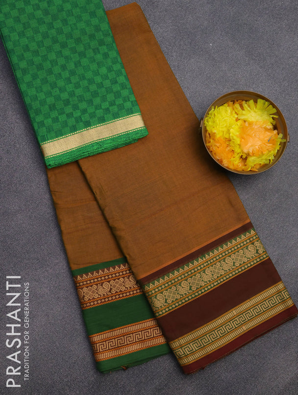 Chettinad cotton saree mustard shade and green with plain body and thread woven border & woven blouse