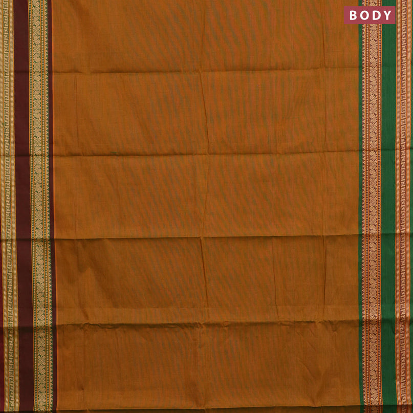 Chettinad cotton saree mustard shade and green with plain body and thread woven border & woven blouse