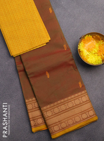 Chettinad cotton saree manthulir green and mustard yellow with thread woven buttas and thread woven border & woven blouse