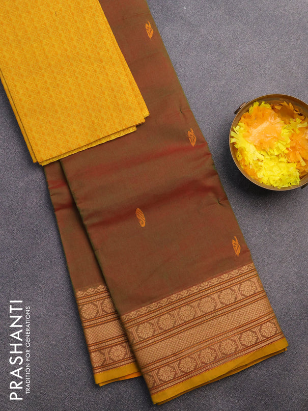 Chettinad cotton saree manthulir green and mustard yellow with thread woven buttas and thread woven border & woven blouse