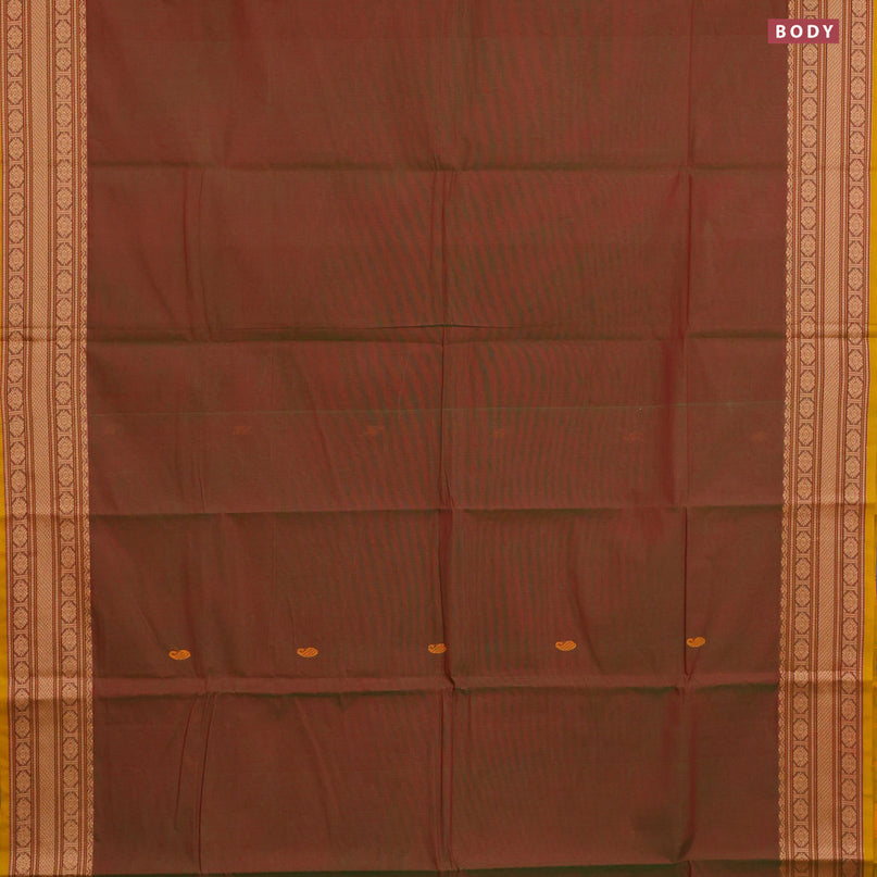 Chettinad cotton saree manthulir green and mustard yellow with thread woven buttas and thread woven border & woven blouse