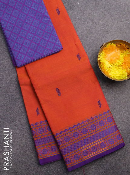 Chettinad cotton saree rustic orange and blue with thread woven buttas and thread woven border & woven blouse