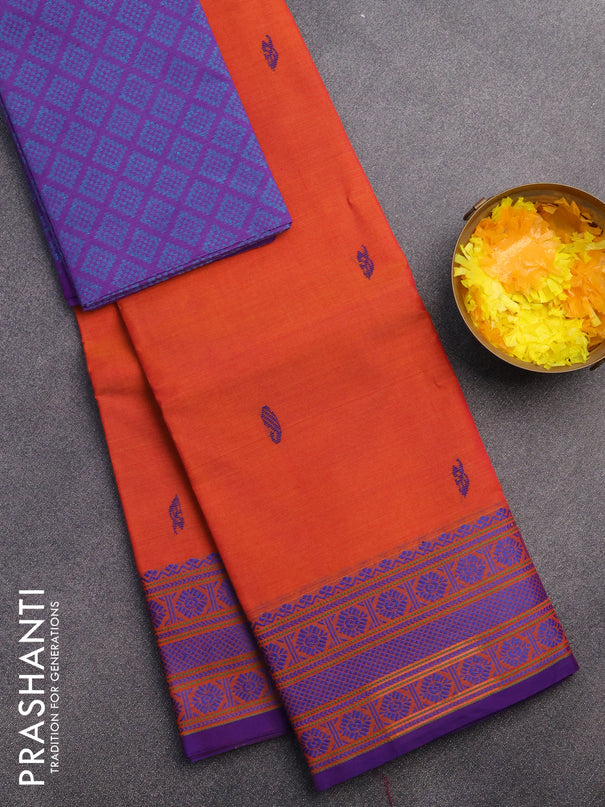 Chettinad cotton saree rustic orange and blue with thread woven buttas and thread woven border & woven blouse