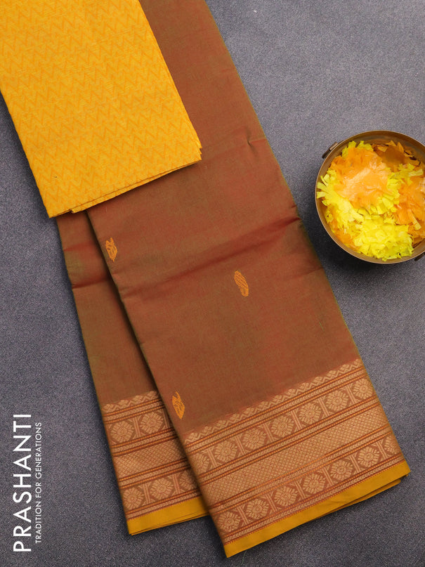 Chettinad cotton saree dual shade of green and yellow with thread woven buttas and thread woven border & woven blouse