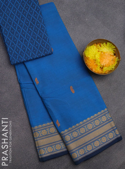 Chettinad cotton saree cs blue with thread woven buttas and thread woven border & woven blouse