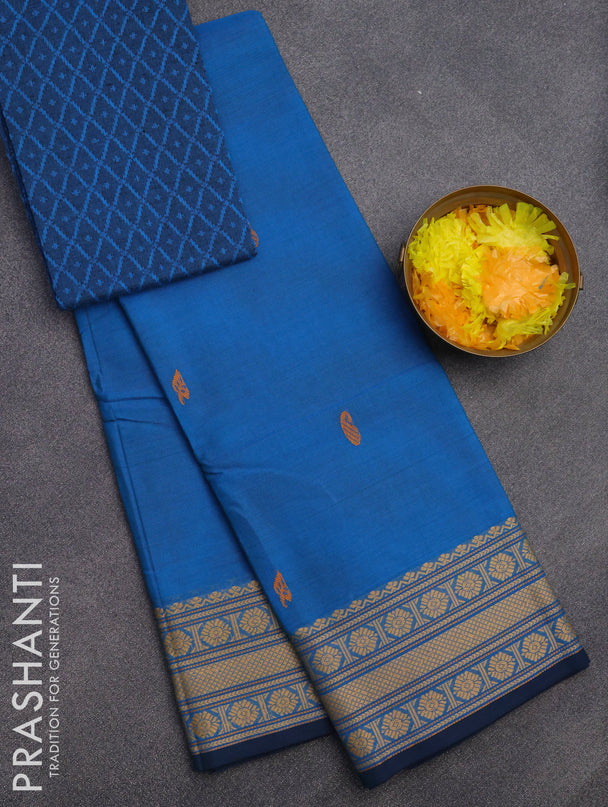 Chettinad cotton saree cs blue with thread woven buttas and thread woven border & woven blouse