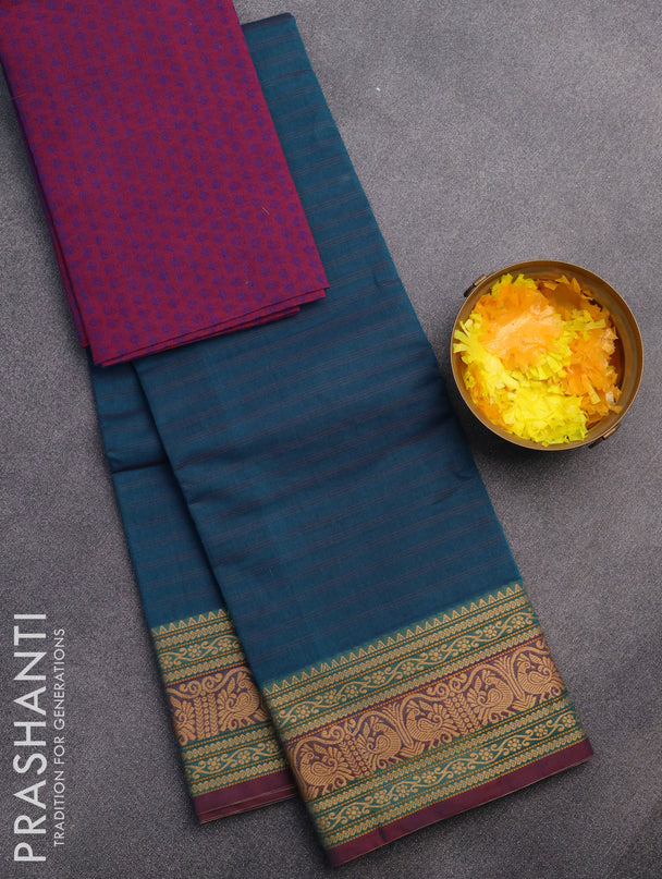 Chettinad cotton saree peacock blue and maroon shade with allover stripes pattern and thread woven border & woven blouse