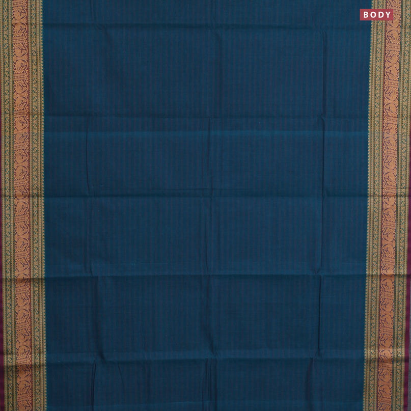 Chettinad cotton saree peacock blue and maroon shade with allover stripes pattern and thread woven border & woven blouse