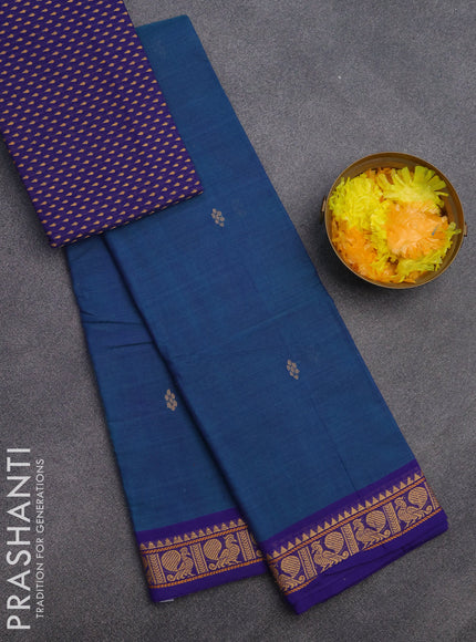 Chettinad cotton saree dual shade of blue and blue with thread woven buttas and thread woven border & woven blouse