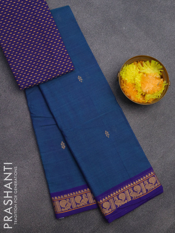 Chettinad cotton saree dual shade of blue and blue with thread woven buttas and thread woven border & woven blouse