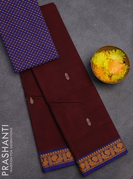 Chettinad cotton saree deep maroon and blue with thread woven buttas and thread woven border & woven blouse