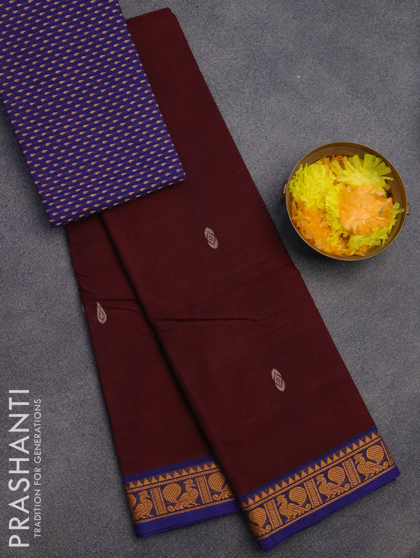 Chettinad cotton saree deep maroon and blue with thread woven buttas and thread woven border & woven blouse