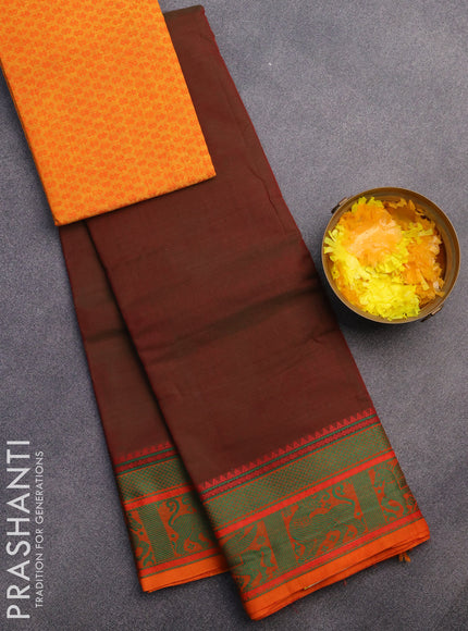 Chettinad cotton saree dual shade of maroon and orange with plain body and thread woven border & woven blouse