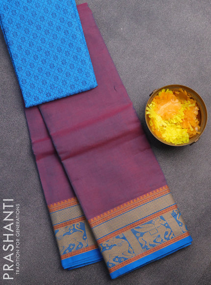 Chettinad cotton saree pink shade and cs blue with plain body and thread woven border & woven blouse