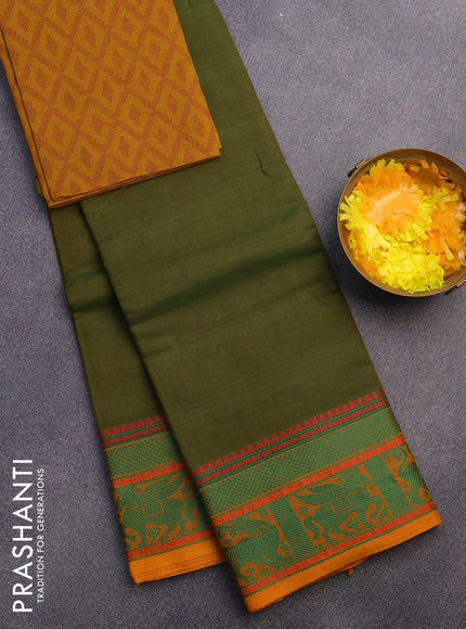 Chettinad cotton saree green and mustard shade with plain body and thread woven border & woven blouse