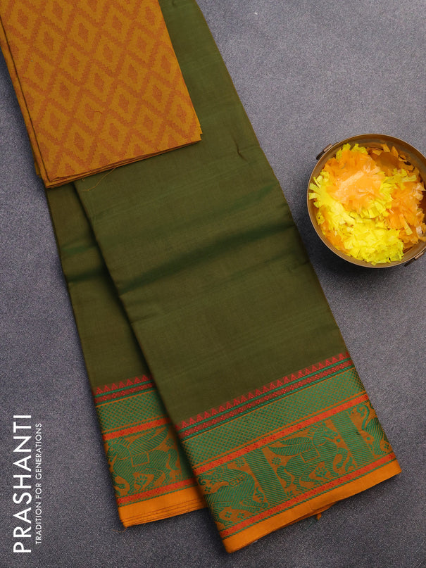 Chettinad cotton saree green and mustard shade with plain body and thread woven border & woven blouse