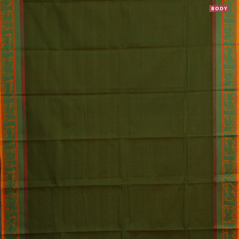 Chettinad cotton saree green and mustard shade with plain body and thread woven border & woven blouse